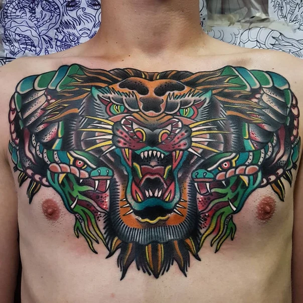 Neo Traditional Tiger, Snake tattoo on Chest