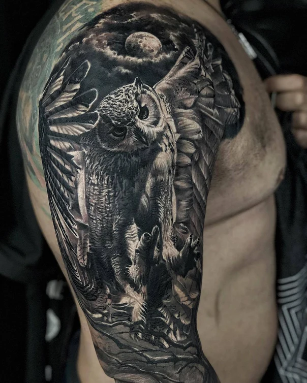 Realism Owl, Moon tattoo on Full Sleeve