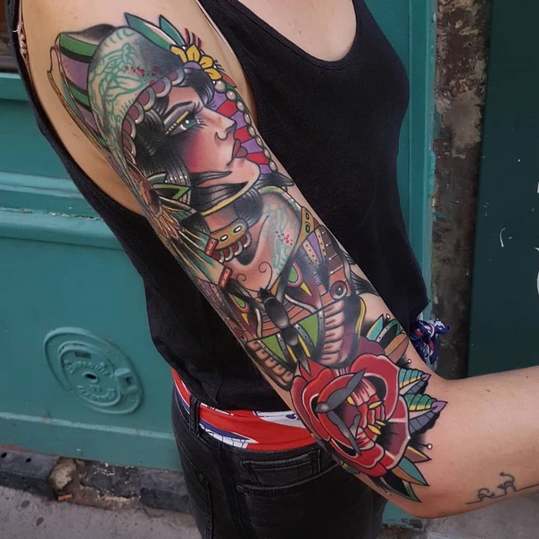 Neo Traditional Portrait, Rose tattoo on Full Sleeve