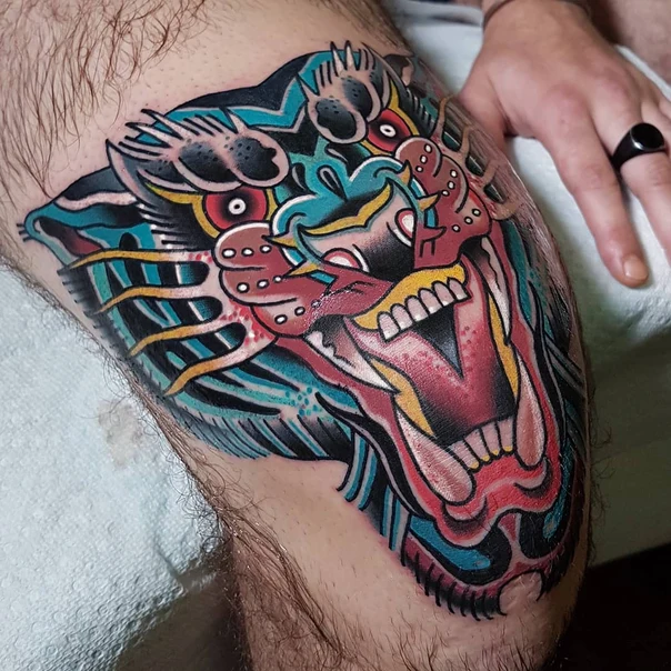 Neo Traditional Animal, Tiger tattoo on Thigh
