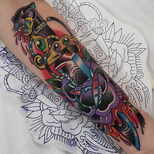 Neo Traditional Panther, Dagger tattoo on Forearm