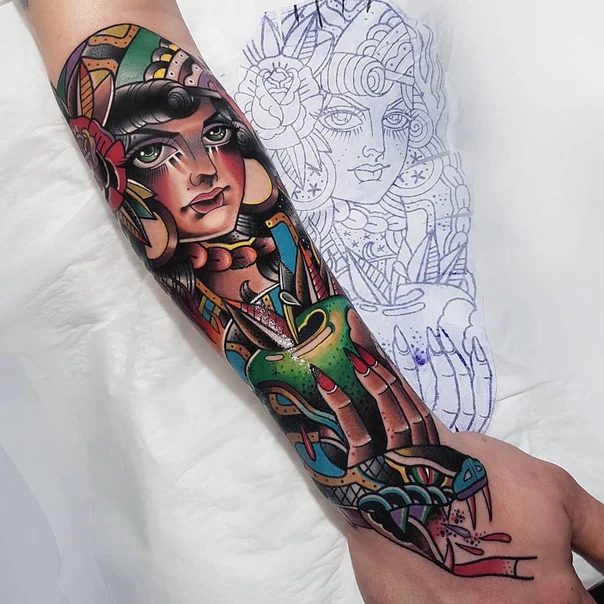 Neo Traditional Woman, Snake tattoo on Forearm
