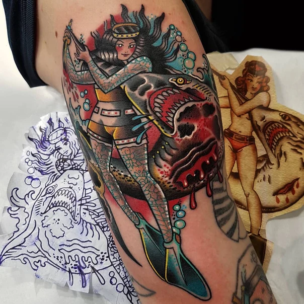Traditional Pin-up, Shark tattoo on Forearm