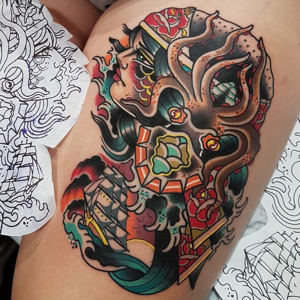 Neo Traditional Octopus, Ship tattoo on Thigh
