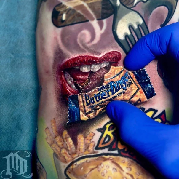 Realism Mouth, Candy tattoo on Forearm