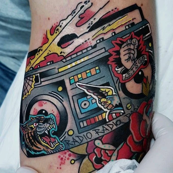 Old School Boombox, Tiger tattoo on Forearm