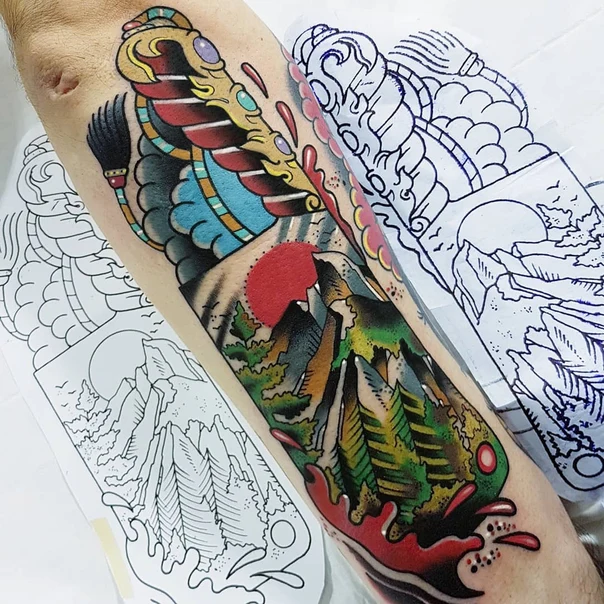 Japanese Landscape, Dragon tattoo on Forearm
