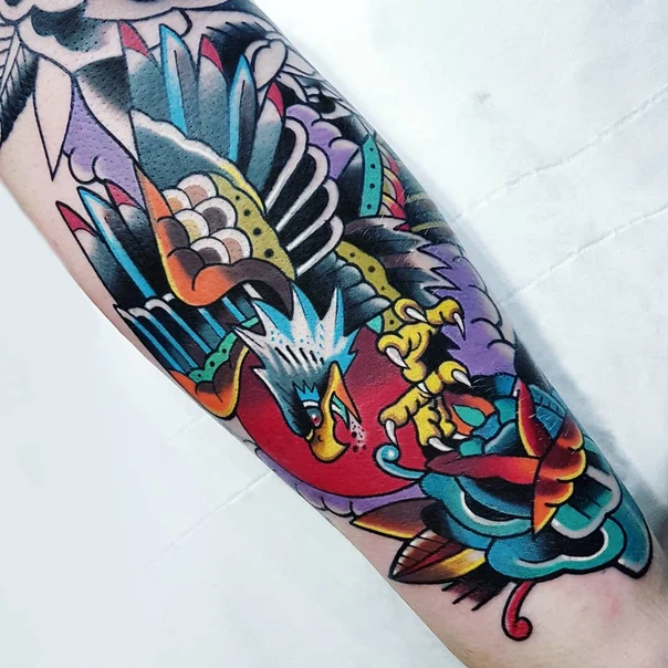 Traditional Bird, Flower tattoo on Forearm