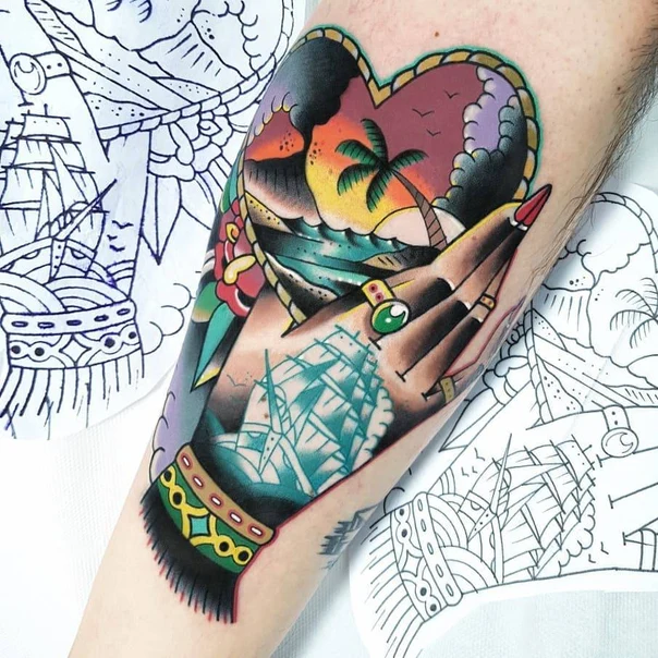 Neo Traditional Heart, Ship tattoo on Forearm