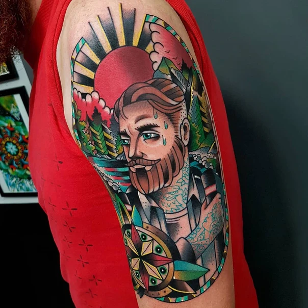 Neo Traditional Portrait, Compass tattoo on Upper Arm