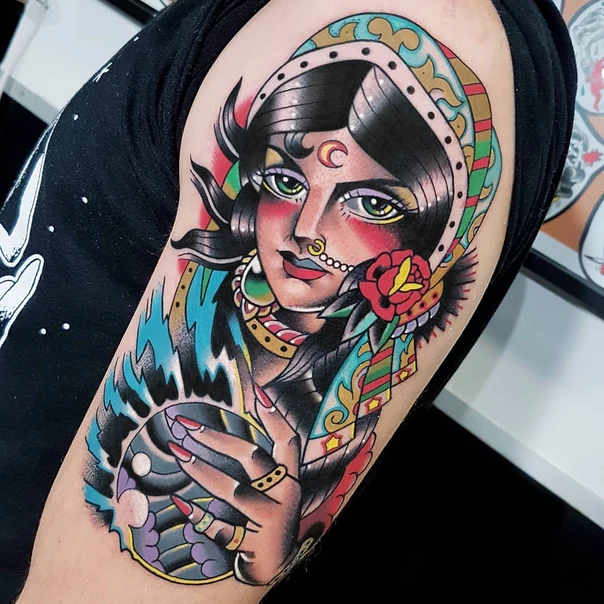 Neo Traditional Woman, Rose tattoo on Upper Arm
