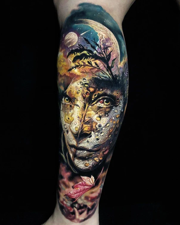 Realism Face, Leaf tattoo on Forearm