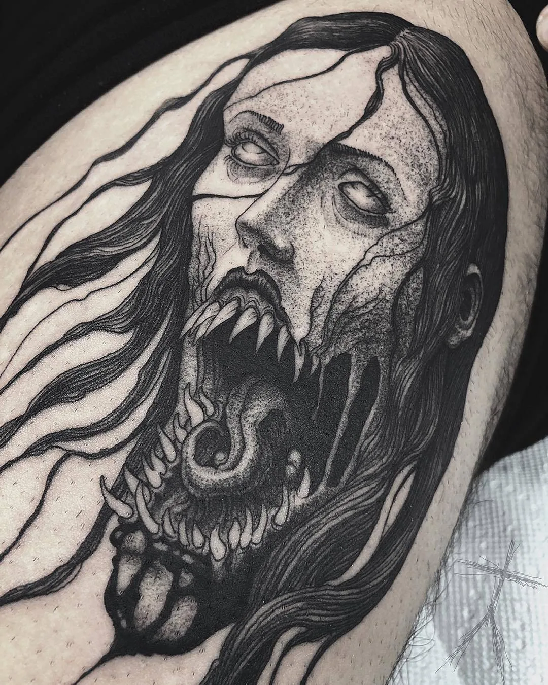 Tattoo artist Christopher Jade, black engraving tattoo, blackwork, whip shading, graphic | The United States
