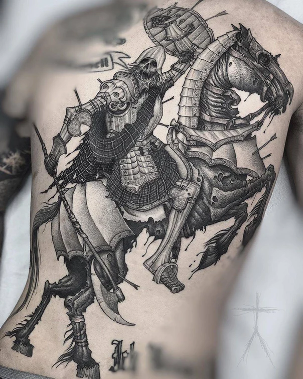 Blackwork Knight, Horse tattoo on Chest