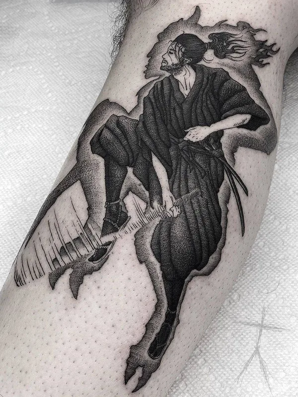 male black and grey blackwork Tatuaggio su calf #34248 | Tatuatore Christopher Jade