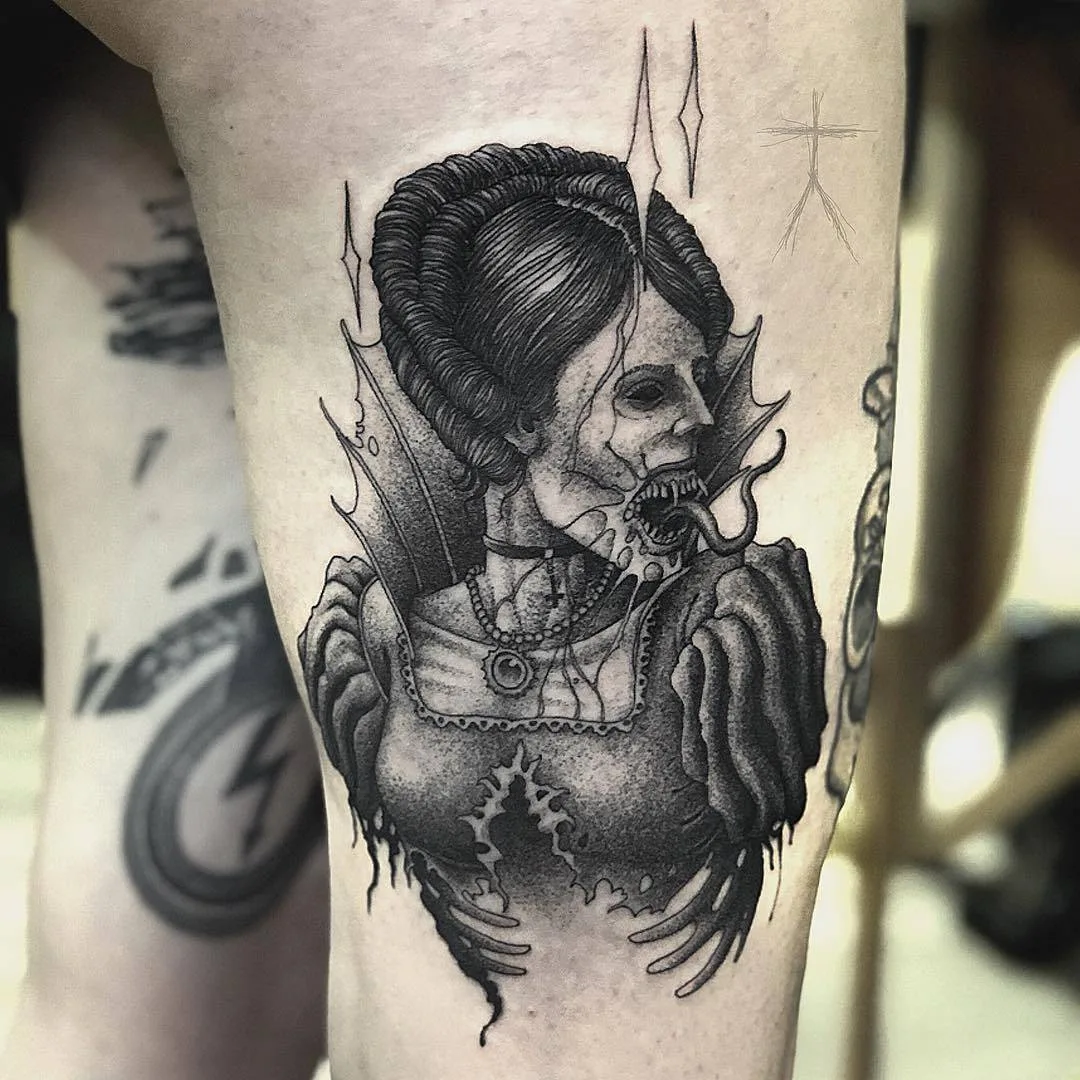 Tattoo artist Christopher Jade, black engraving tattoo, blackwork, whip shading, graphic | The United States