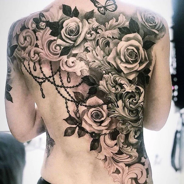 Black & Grey Roses, Filigree tattoo on Full Back