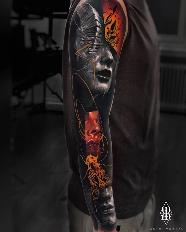 Realism Face, Insect tattoo on Full Sleeve