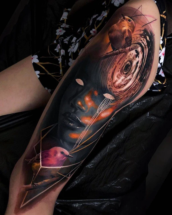 Realism Bird, Face tattoo on Thigh