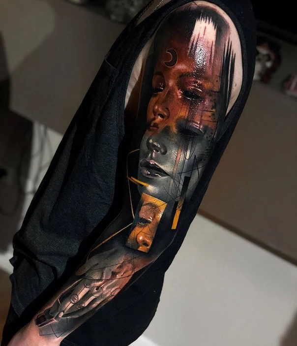 Realism Face, Geometric tattoo on Full Sleeve