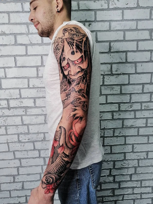 Japanese Oni, Koi tattoo on Full Sleeve