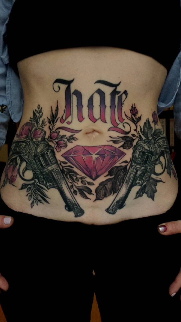 Black & Grey Guns, Diamond tattoo on Stomach
