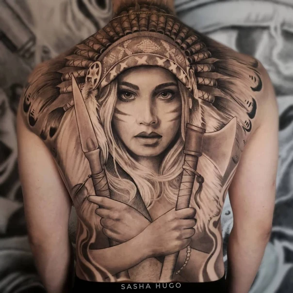 Реализм Native american, Portrait tattoo на Спина (полная)