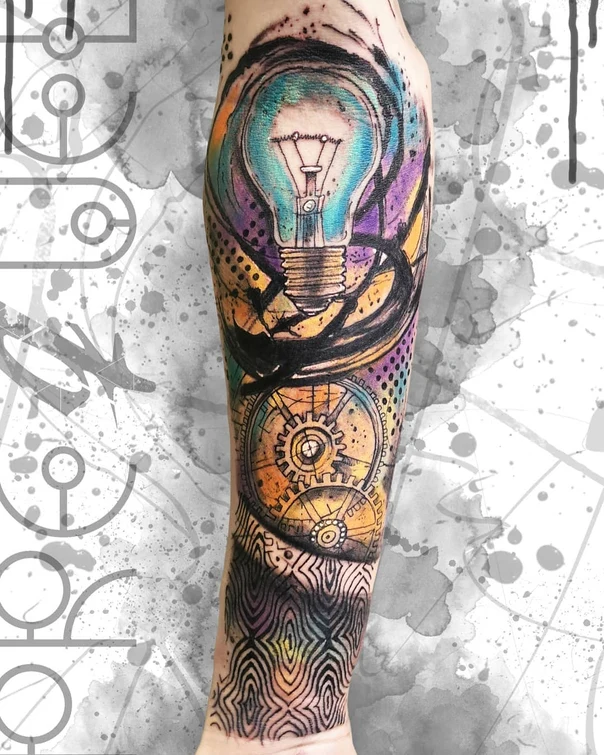 Watercolor Lightbulb, Gears tattoo on Forearm