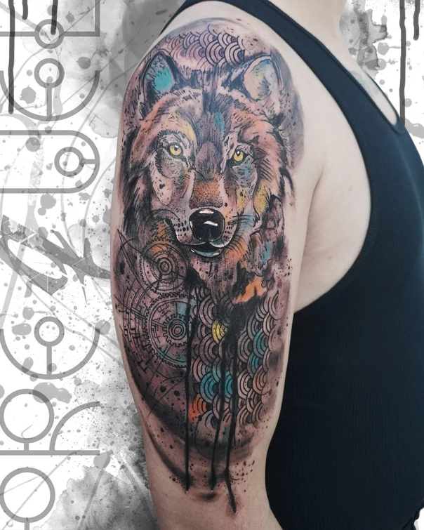 Illustrative Wolf, Geometric tattoo on Upper Arm