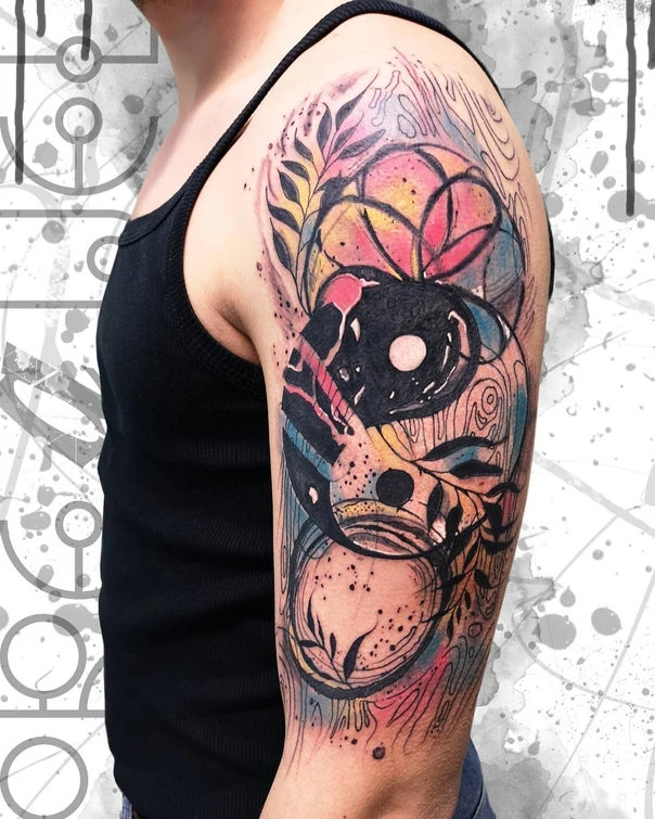 Abstract Yin yang, Leaves tattoo on Full Sleeve