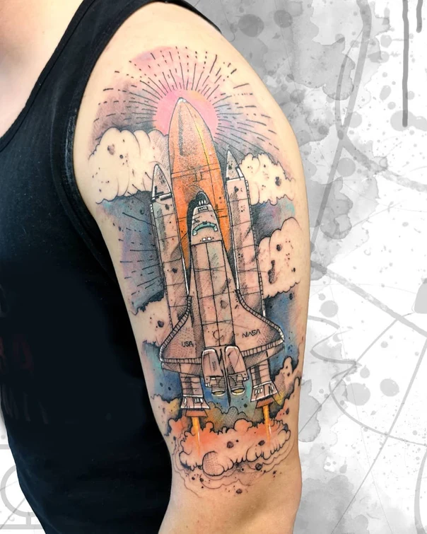 Illustrative Space shuttle, Clouds tattoo on Upper Arm