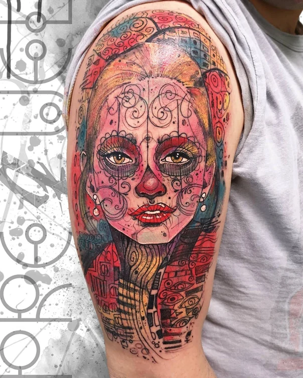 Illustrative Face, Sugar skull tattoo on Upper Arm