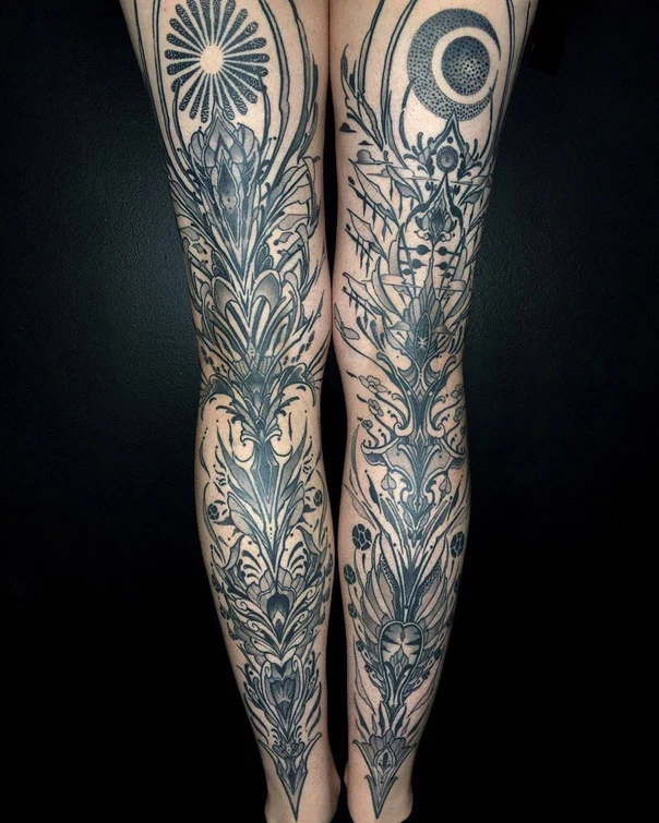 Ornamental Floral, Geometric tattoo on Full leg