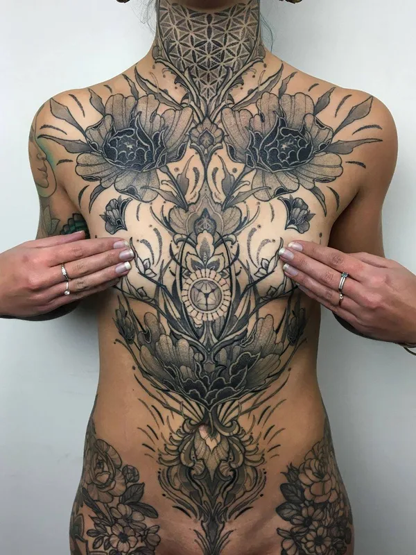 female black and grey ornamental tattoo on chest #34635 | Tattoo Artist Raphcemo