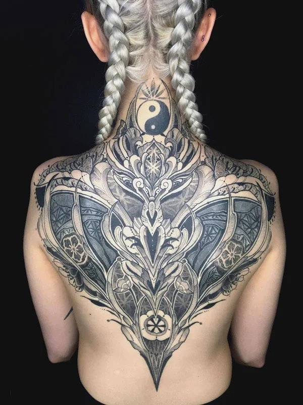 female black and grey ornamental tattoo on full back #34637 | Tattoo Artist Raphcemo