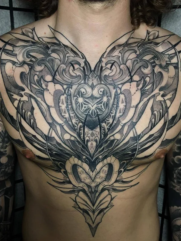 male black and grey ornamental tattoo on chest #34623 | Tattoo Artist Raphcemo