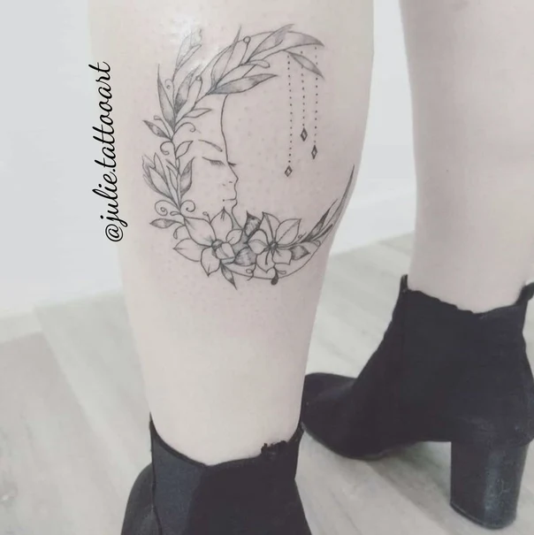 Fineline Moon, Flowers tattoo on Calf