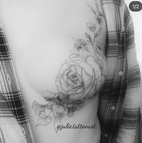 Fineline Rose, Flowers tattoo on Ribcage