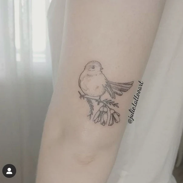 Fineline Bird, Flower tattoo on Forearm