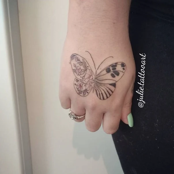 Fineline Butterfly, Floral tattoo on Back of Hand
