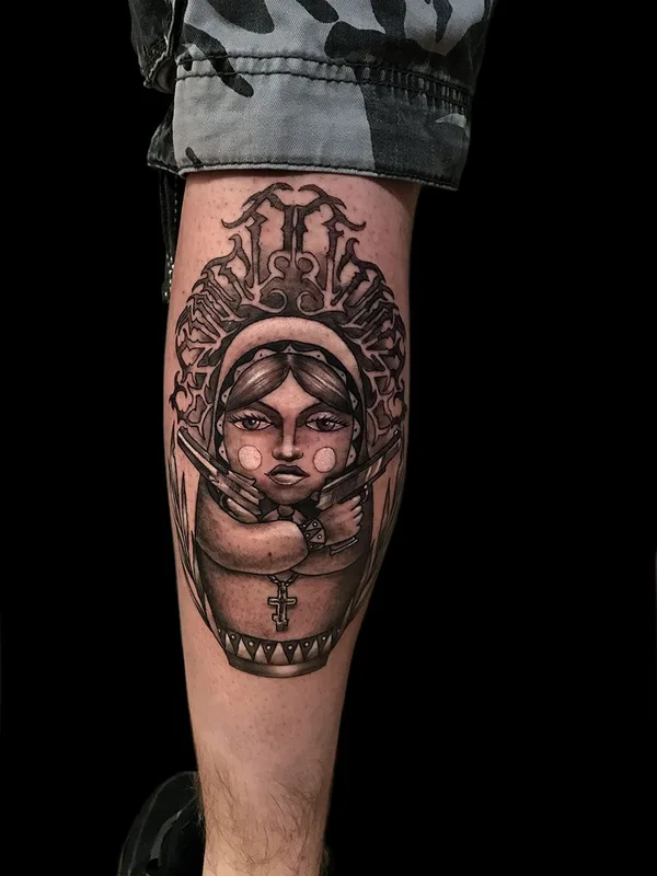 black and grey black and grey Tatuaggio su calf #38488 | Tatuatore Евгений Сердюк