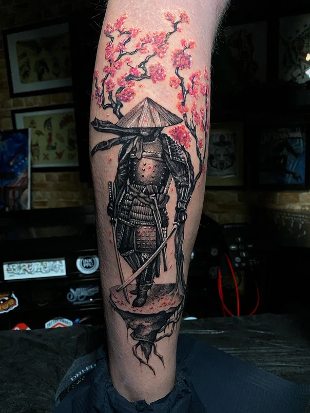 Japanese Samurai, Cherry blossom tattoo on Calf