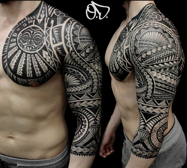 Tribal Geometric patterns, Mask tattoo on Full Sleeve