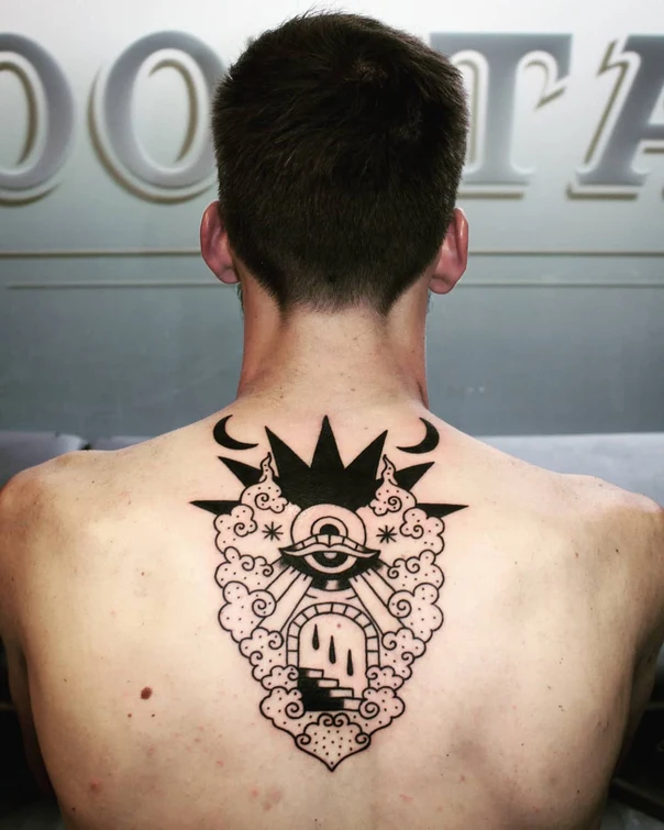Blackwork Eye, Clouds tattoo on Upper Back