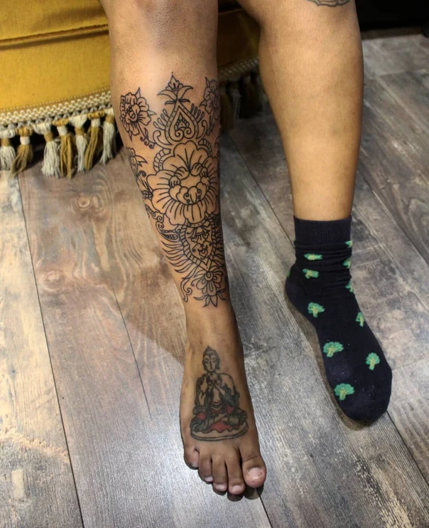 Ornamental Floral, Buddha tattoo on Foot