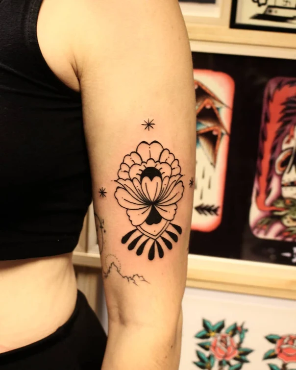 Blackwork Flower, Stars tattoo on Upper Arm