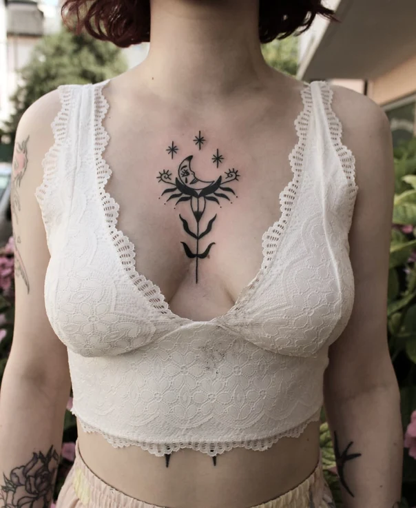 Linework Moon, Stars tattoo on Chest