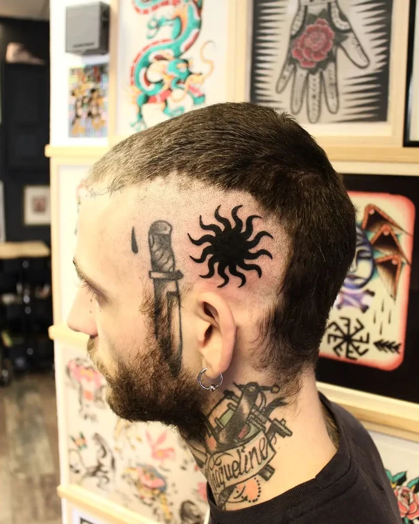 Blackwork Sun, Knife tattoo on Face