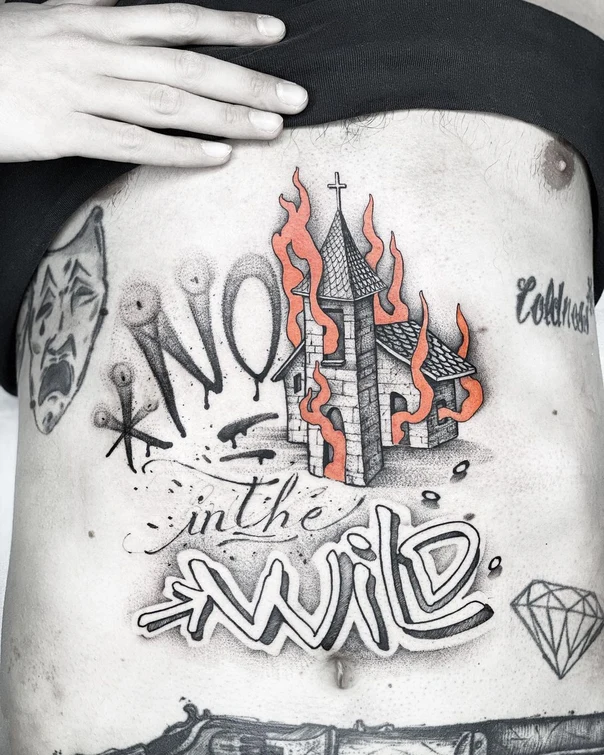 Sketch Church, Fire tattoo on Stomach