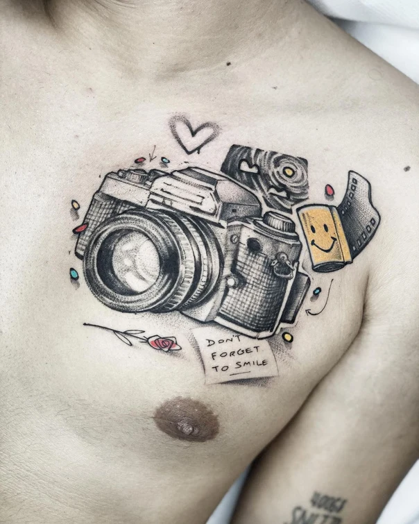 Black & Grey Camera, Heart tattoo on Chest